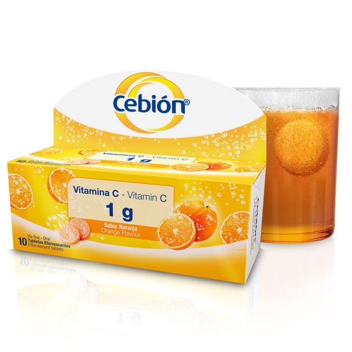 Cebión 1G Tabletas Efervescentes De Vitamina C Sabor Naranja Con 10 Unidades. - Farmacias Arrocha