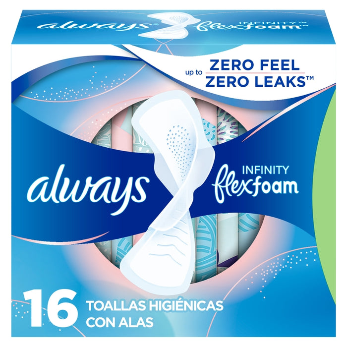 Toallas Femeninas con alas Always Infinity Flexfoam Flujo Abundante 16 Unidades