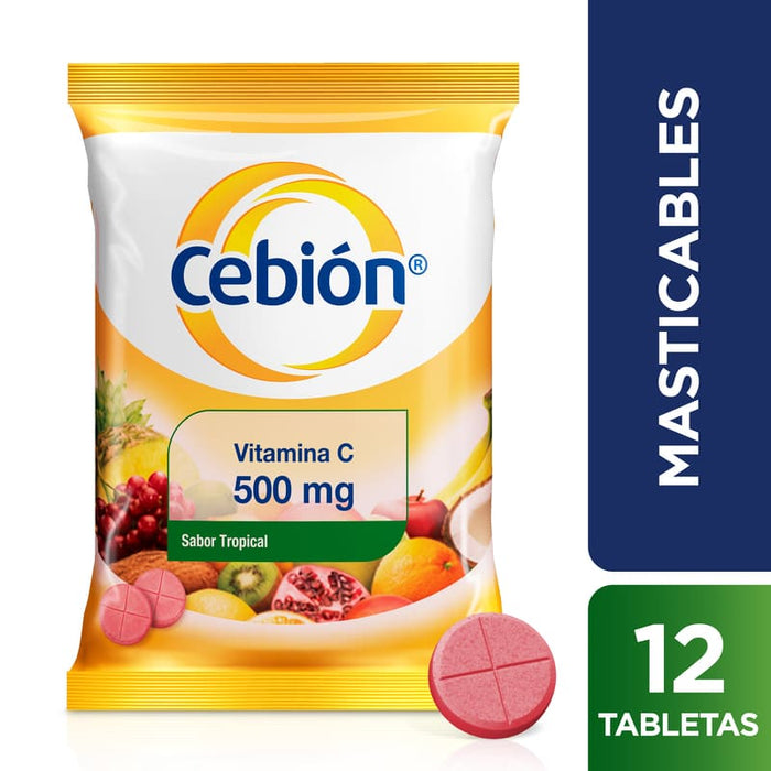 Cebión Tabletas Masticables De Vitamina C Sabor Tropical Por 12 Unidades (Caja) - Farmacias Arrocha