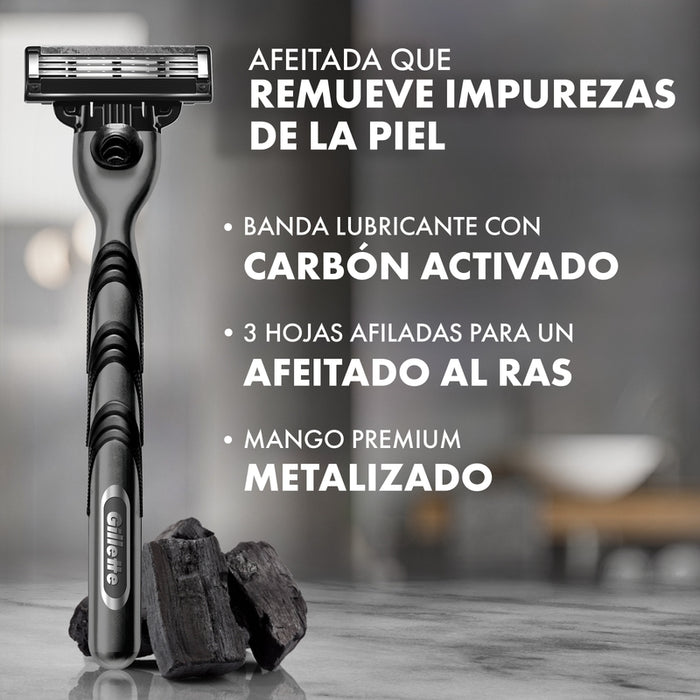 Máquina de afeitar Gillette Mach3 Carbono con Carbón Activado y 3 hojas, 1 ud