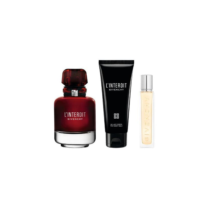 Givenchy Set de fragancia femenina L'Interdit Eau de Parfum Rouge 80 ml, + Crema humectante 75ml   Perfumero de viaje 12ml.