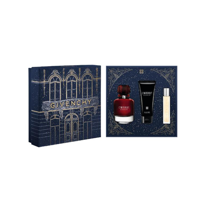 Givenchy Set de fragancia femenina L'Interdit Eau de Parfum Rouge 80 ml, + Crema humectante 75ml   Perfumero de viaje 12ml.