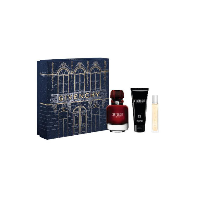 Givenchy Set de fragancia femenina L'Interdit Eau de Parfum Rouge 80 ml, + Crema humectante 75ml   Perfumero de viaje 12ml.