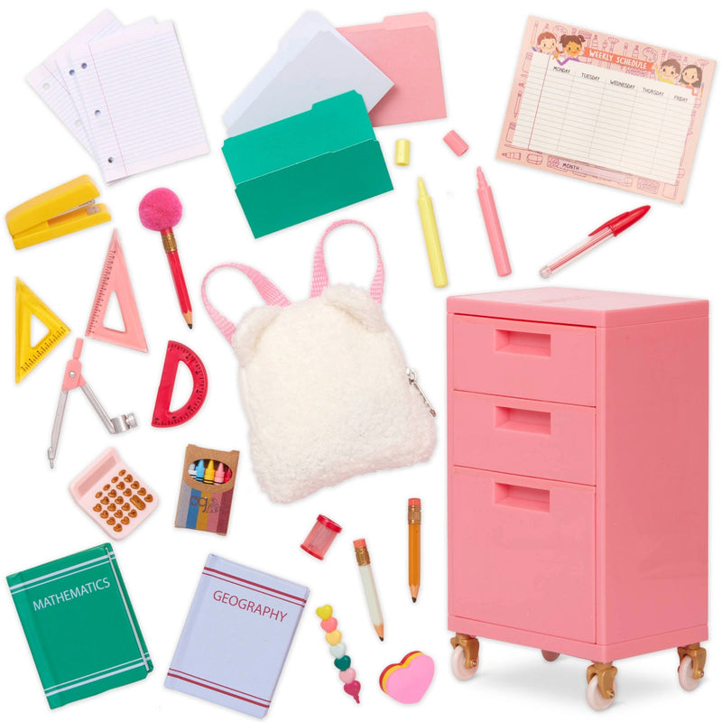 Archivador Escolar Rosa con Útiles – Set para Muñeca de 18” - Farmacias Arrocha