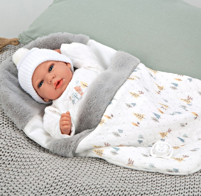 Muñeca con peso Elegance Andie gris con saquito de dormir - Farmacias Arrocha