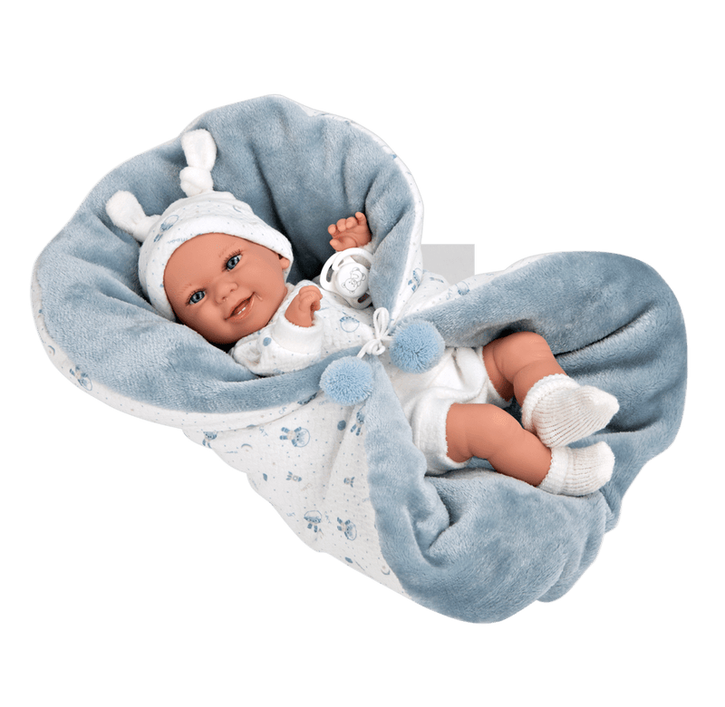 Muñeca con peso Elegance 35 cm Babyto estampado azul con manta - Farmacias Arrocha