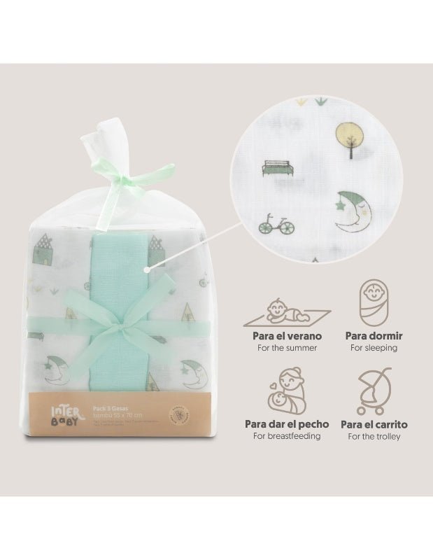 Gasas Bambu 55X70 Mod Moon Pack 3 Menta - Farmacias Arrocha
