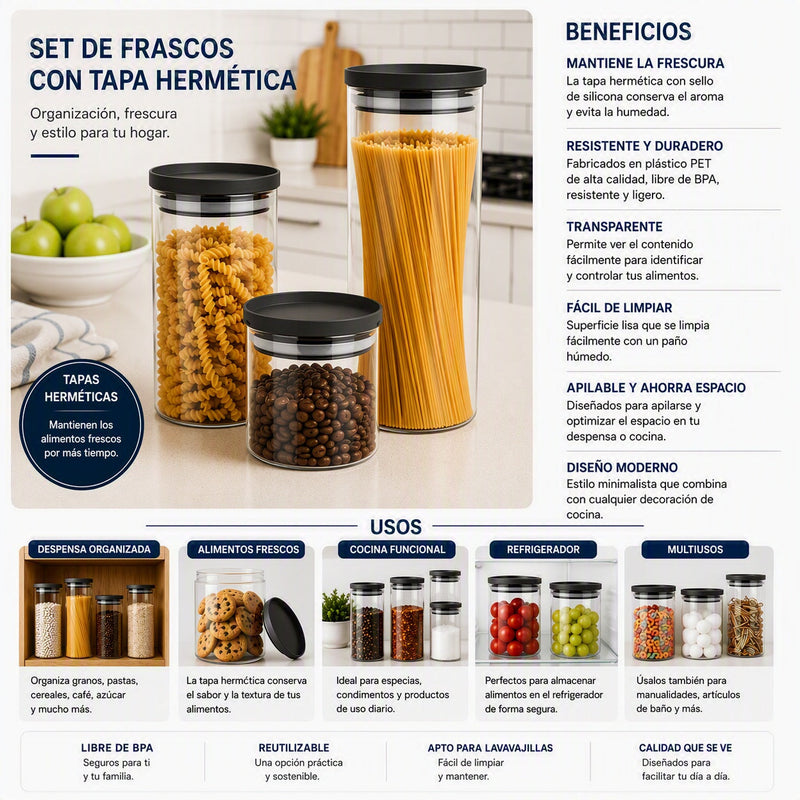 Set de 3 frascos de vidrio