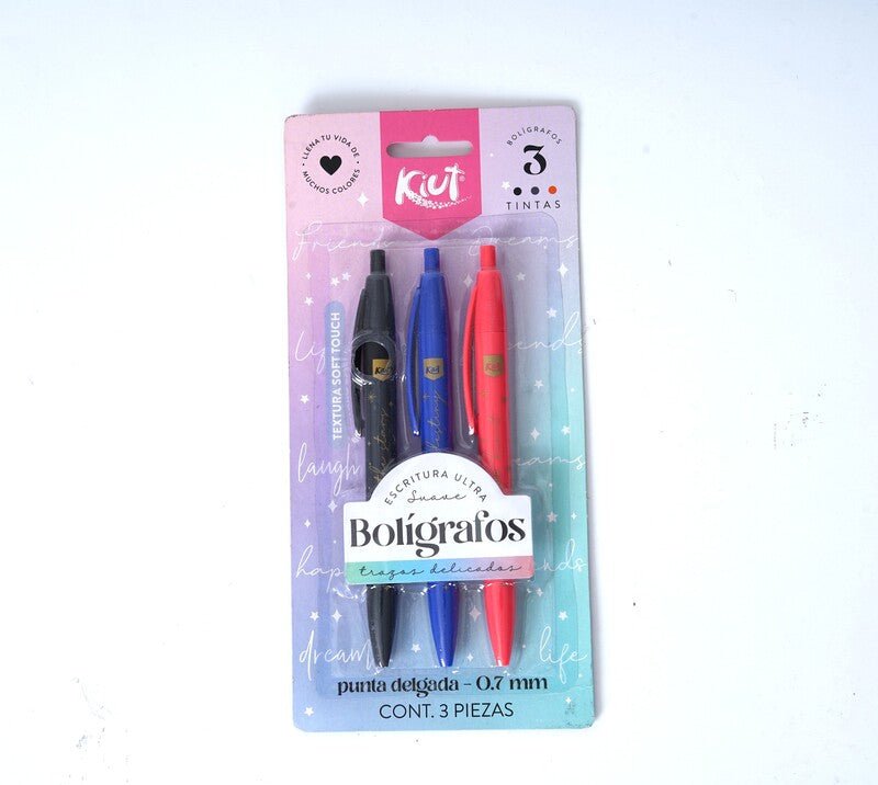 Paquete de 3 unidades de boligrafo Kiut (negro, rojo y azul) - Farmacias Arrocha