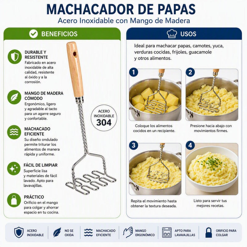 Machacador de papas con mango de madera - Farmacias Arrocha