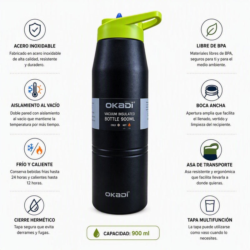 OKADI Botella Deportiva 900 ml con Boquilla Práctica - Farmacias Arrocha