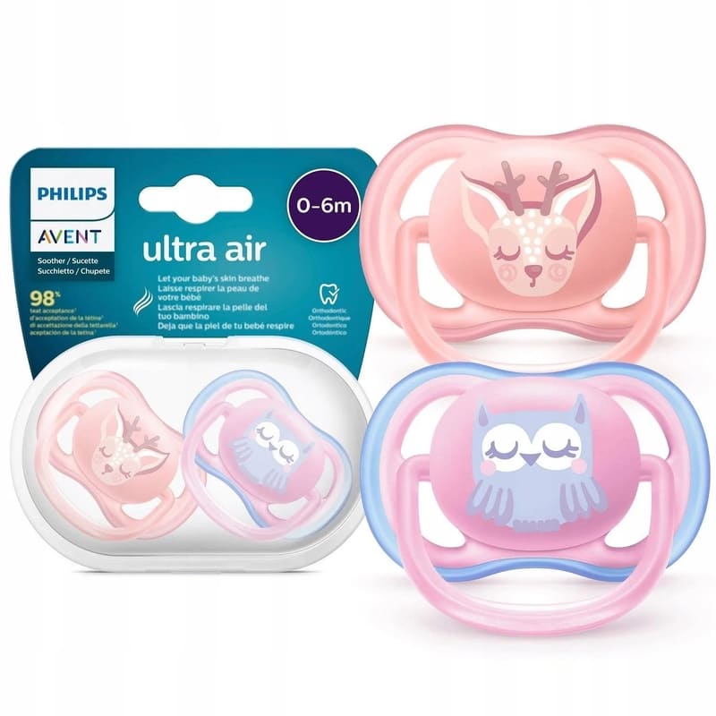 Avent 2 Chupetes Ultra Air 0 - 6M Mix / Buho & Ciervo - Farmacias Arrocha
