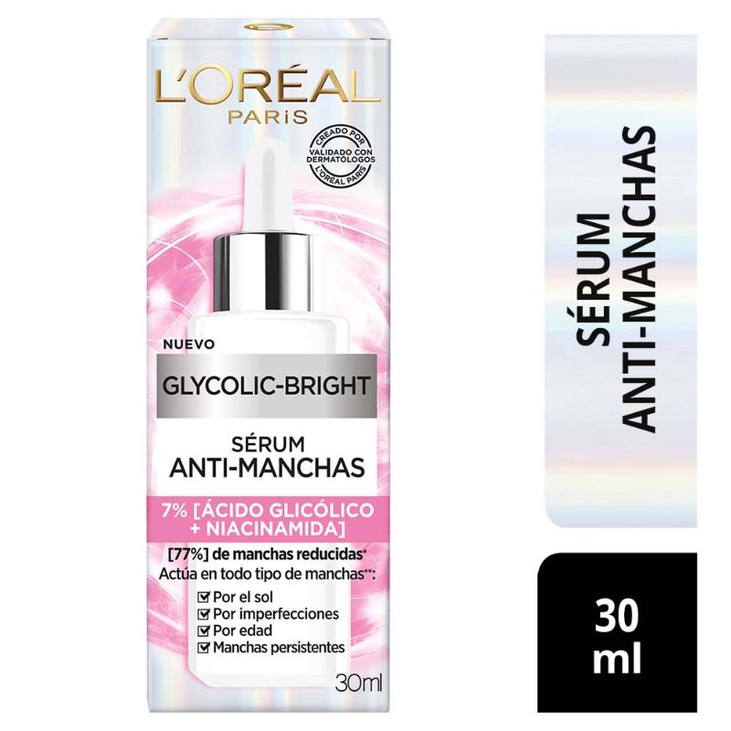 Sérum Facial L'Oréal Paris Glycolic Bright antimanchas Ácido Glicólico y Niacinamida 30 - Farmacias Arrocha