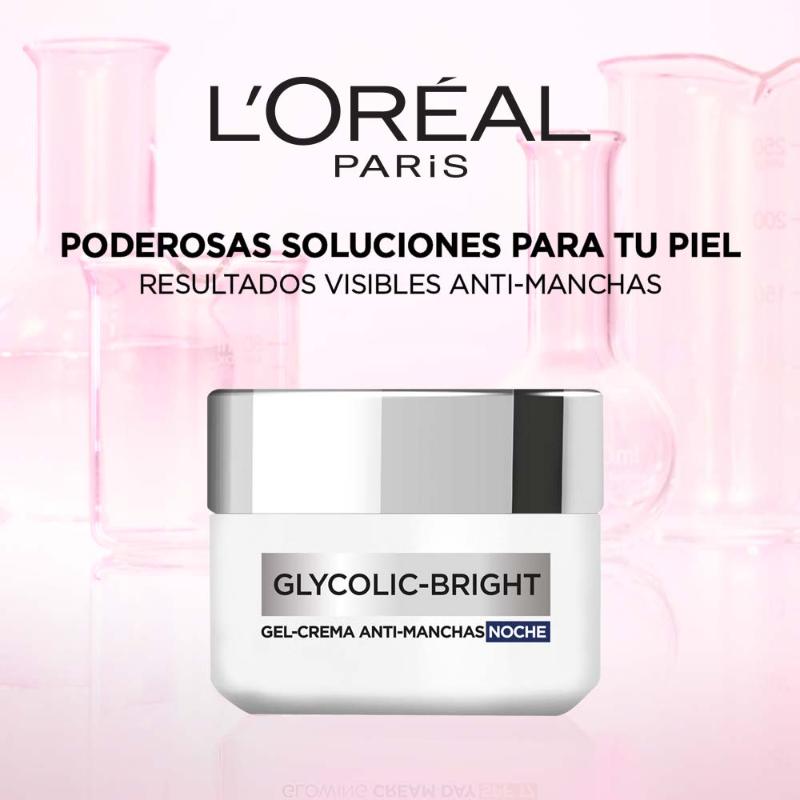 Crema Gel Hidratante Facial Noche L'Oréal Paris Glycolic Bright Antimanchas Ácido Glicólico y Niacinamida 50 ml - Farmacias Arrocha