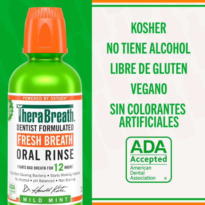 TheraBreath Mild Mint Enjuague Bucal Formulado por Dentistas 16oz - Farmacias Arrocha