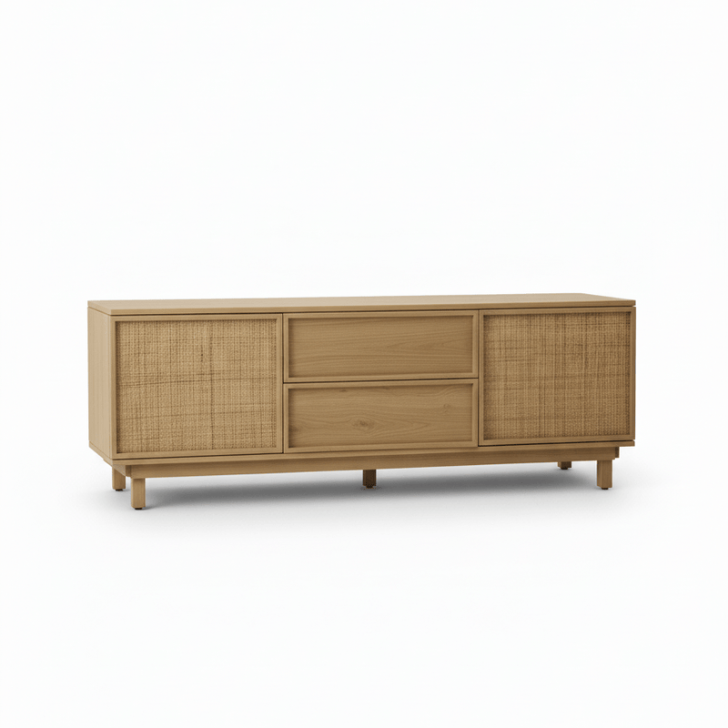 Consola para TV de 55" de madera y mimbre natural. - Farmacias Arrocha