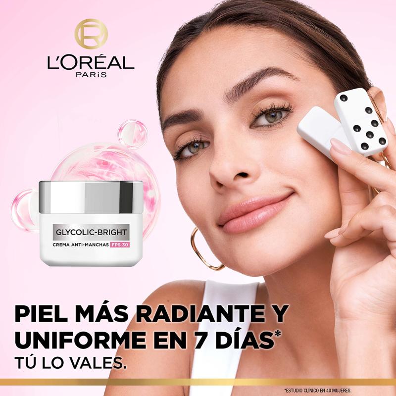 Crema Hidratante Facial Día L'Oréal Paris Glycolic Bright Antimanchas Ácido Glicólico y Niacinamida 50 ml - Farmacias Arrocha