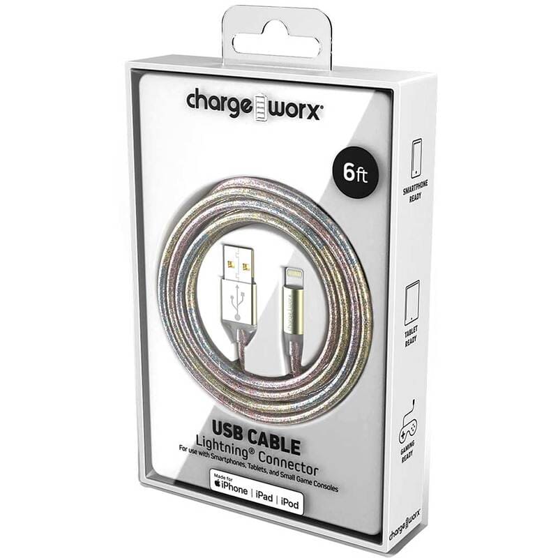 Chargeworx Cable Lightning 6Ft ArcoIris Glitter - Farmacias Arrocha