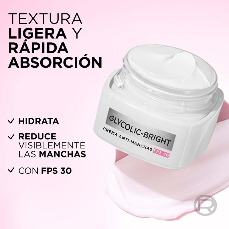 Crema Hidratante Facial Día L'Oréal Paris Glycolic Bright Antimanchas Ácido Glicólico y Niacinamida 50 ml - Farmacias Arrocha
