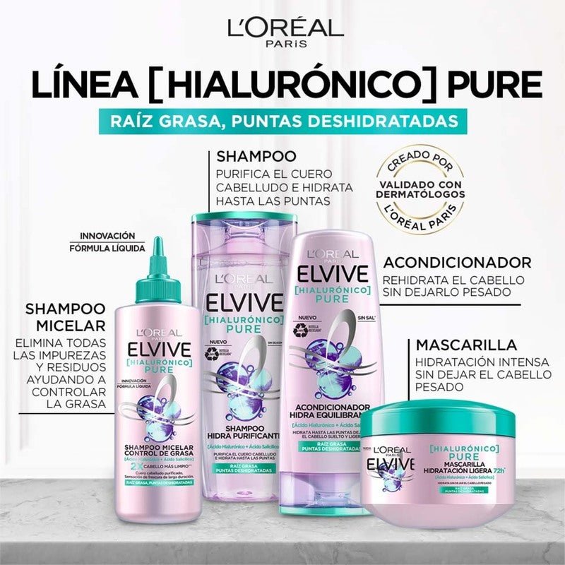 L'Oreal ElVive Shampoo Hidra Hialurónico Pure 370Ml - Farmacias Arrocha