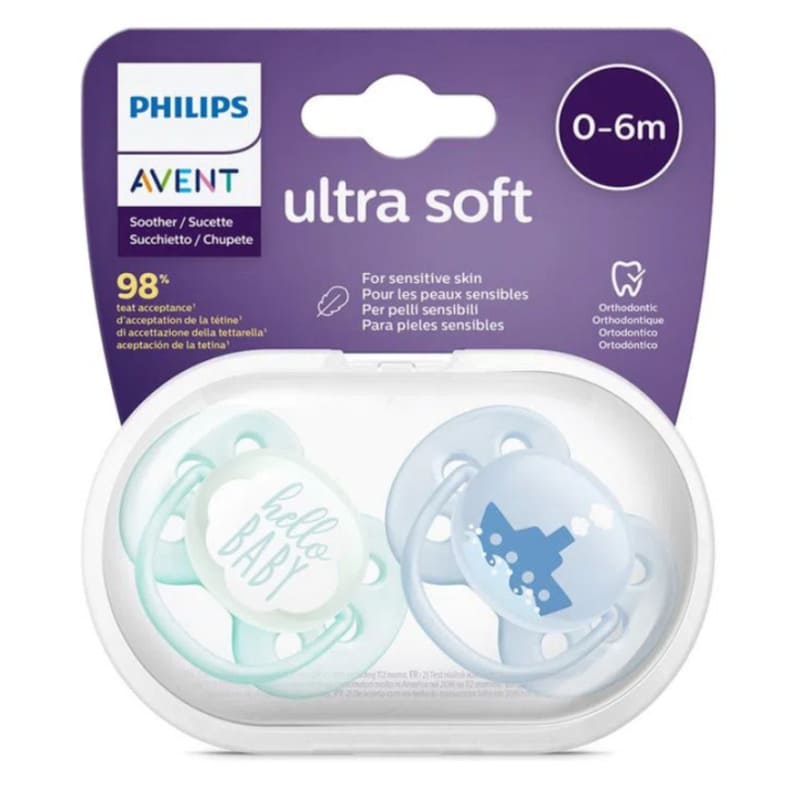 Avent 2 Chupetes Ultra Soft 0 - 6M / Hello Boy Deco - Farmacias Arrocha