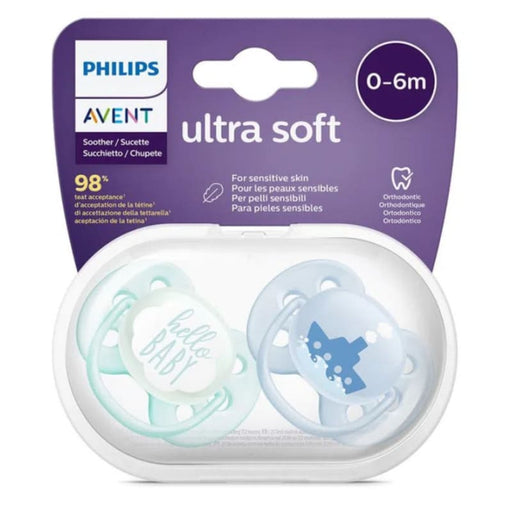 Avent 2 Chupetes Ultra Soft 0 - 6M / Hello Boy Deco - Farmacias Arrocha