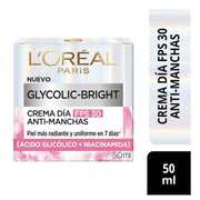 Crema Hidratante Facial Día L'Oréal Paris Glycolic Bright Antimanchas Ácido Glicólico y Niacinamida 50 ml - Farmacias Arrocha