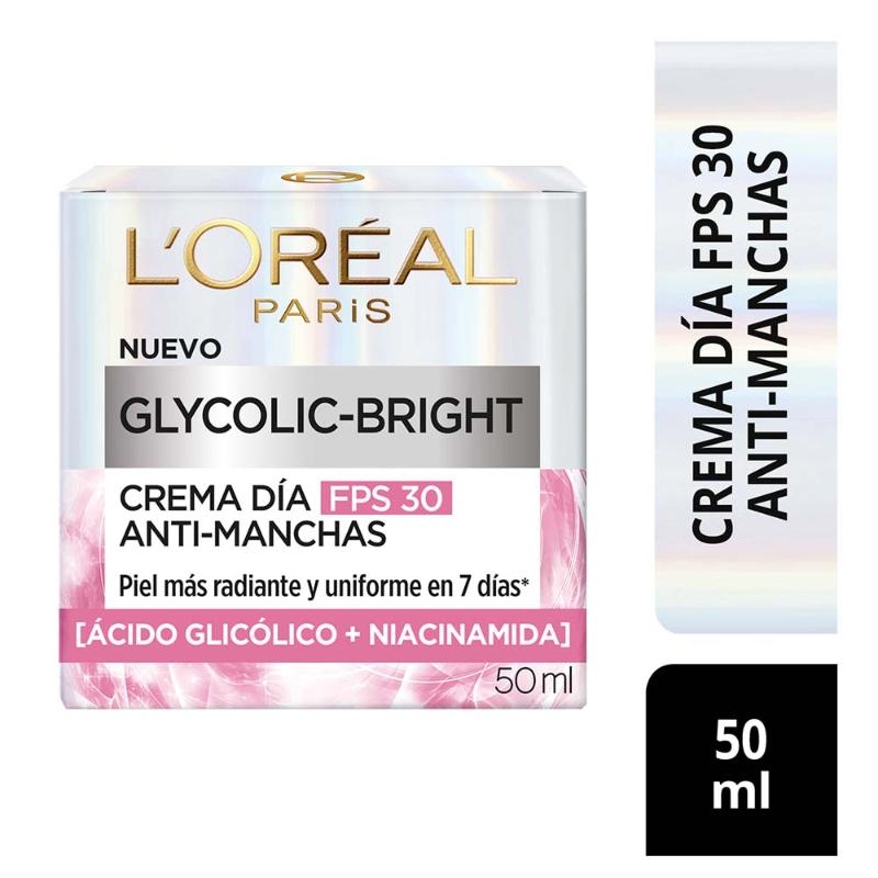 Crema Hidratante Facial Día L'Oréal Paris Glycolic Bright Antimanchas Ácido Glicólico y Niacinamida 50 ml - Farmacias Arrocha