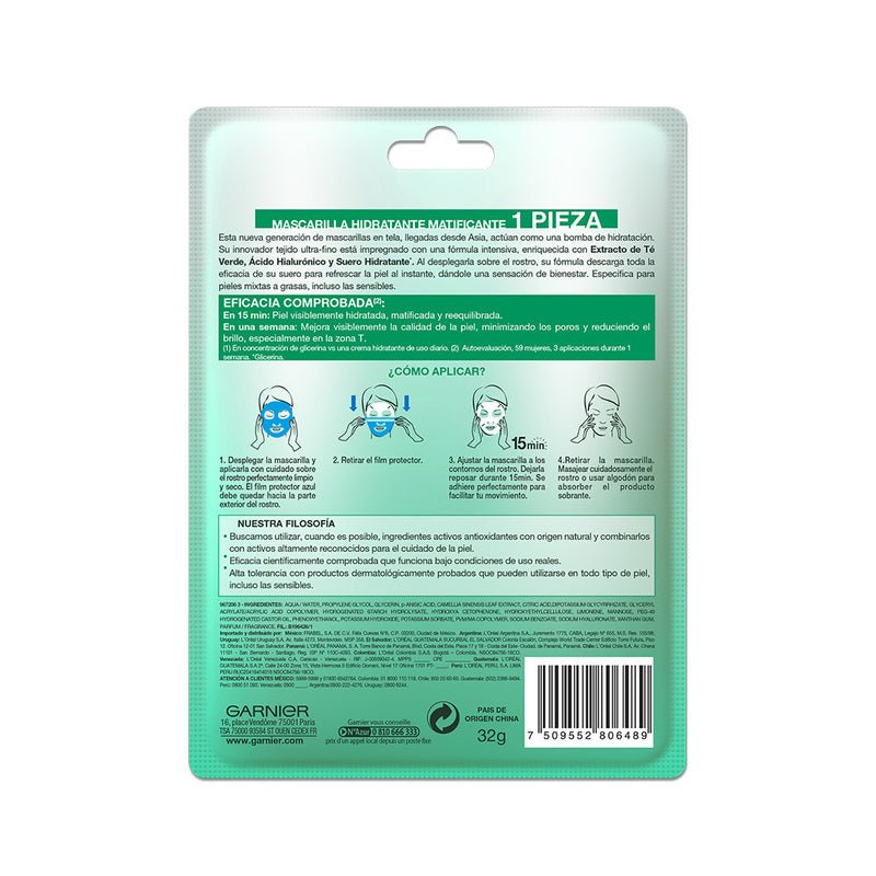 Garnier Skin Active Mascarilla en Tela Hydra Bomb Té Verde - Matificante - Farmacias Arrocha