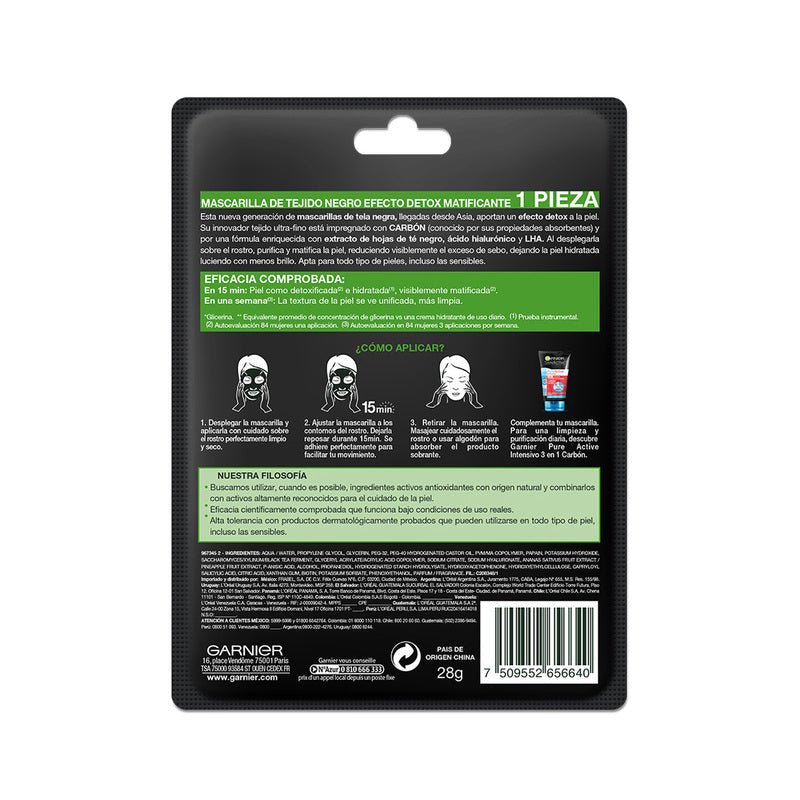 Garnier Skin Active Mascarilla Negra en Tela Carbón - Farmacias Arrocha