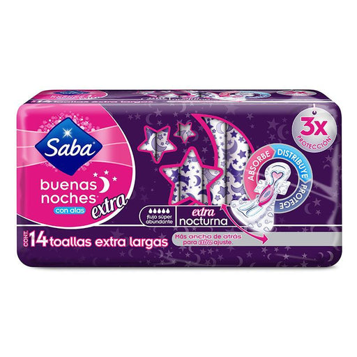 Saba Toalla Femenina Buenas Noches Con Alas Extra 14'S - Farmacias Arrocha