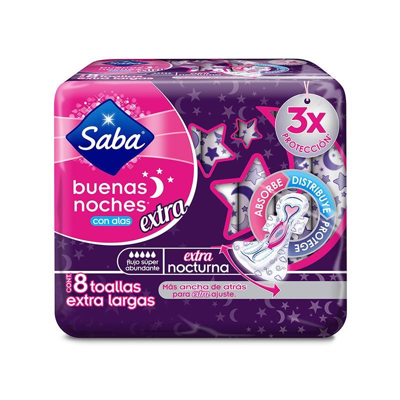 Saba Toalla Femenina Buenas Noches Con Alas Extra 8'S - Farmacias Arrocha