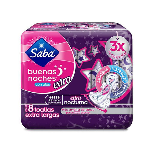 Saba Toalla Femenina Buenas Noches Con Alas Extra 8'S - Farmacias Arrocha