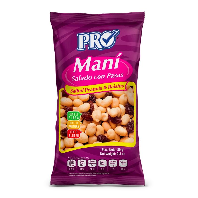 Pro Maní Salado Con Pasas 80Gr - Farmacias Arrocha