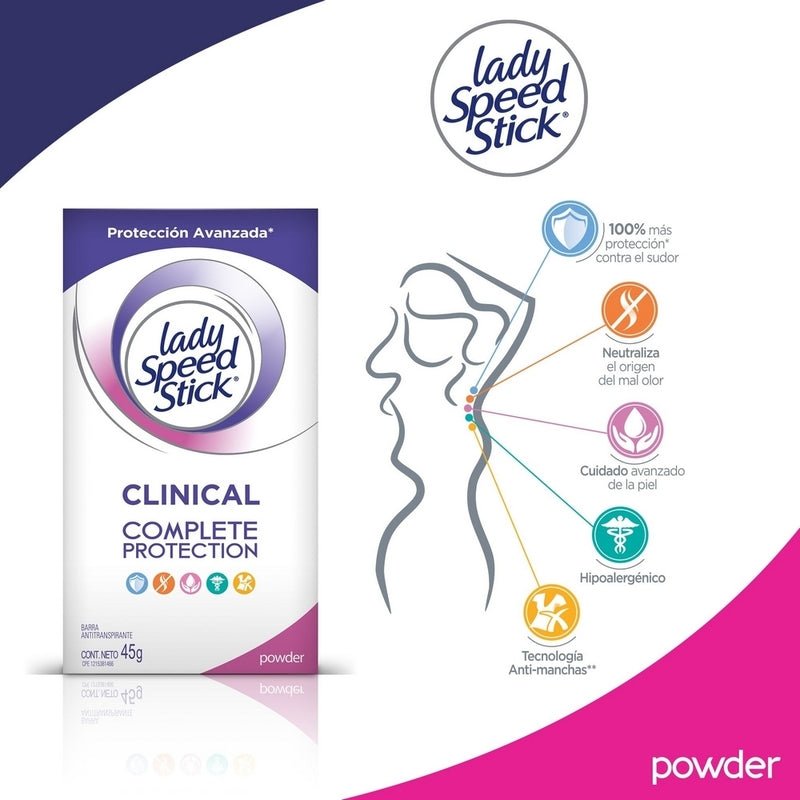 Desodorante Lady Speed Stick Clinical Complete Powder Barra 45 g - Farmacias Arrocha